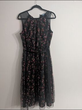 Black Floral Mesh Midi Dress with Red Rose Print